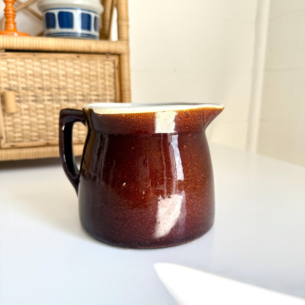 Antique Stoneware Pitcher Brown Albany Slip Glaze Primitive Kitchen